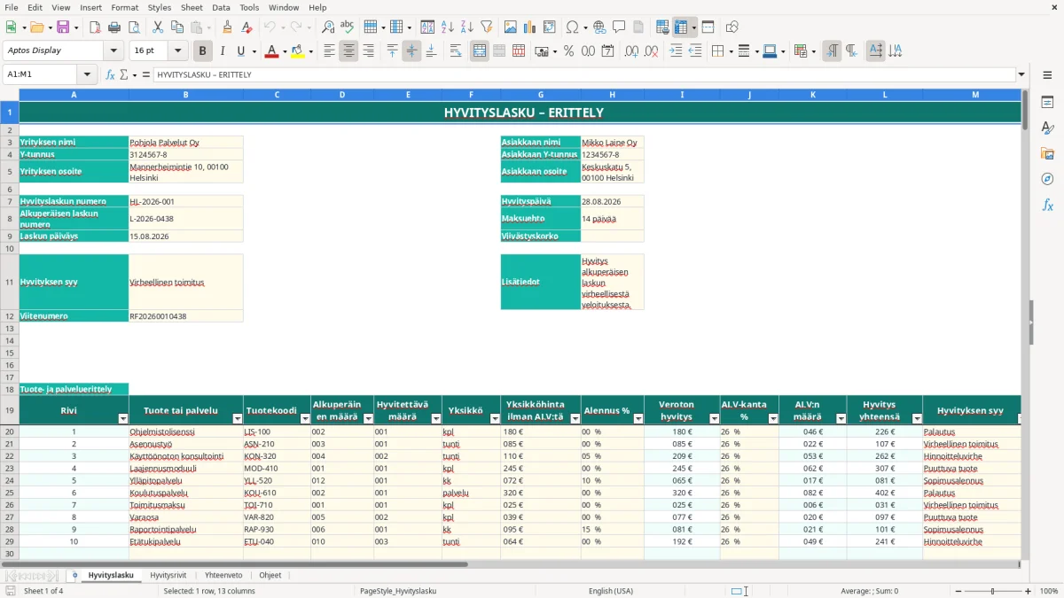 Kuvakaappaus 1: välilehti Hyvityslasku - Excel-pohja hyvityslasku erittely excel pohja
