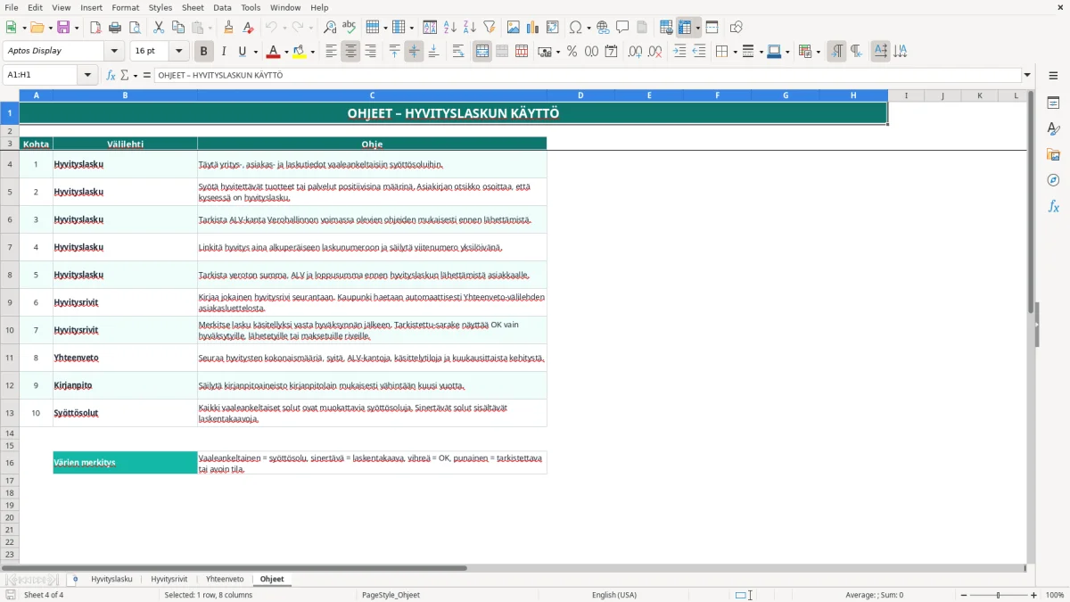 Kuvakaappaus 4: välilehti Ohjeet - Excel-pohja hyvityslasku erittely excel pohja