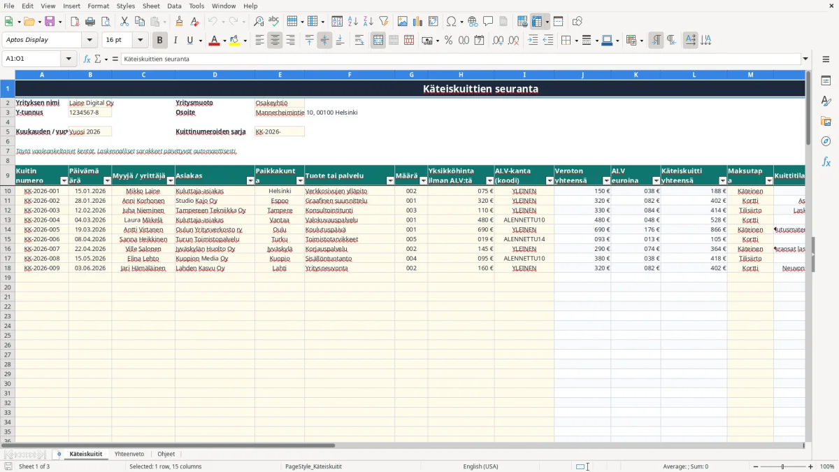 Kuvakaappaus 1: välilehti Käteiskuitit - Excel-pohja käteiskuitti yrittäjä excel pohja