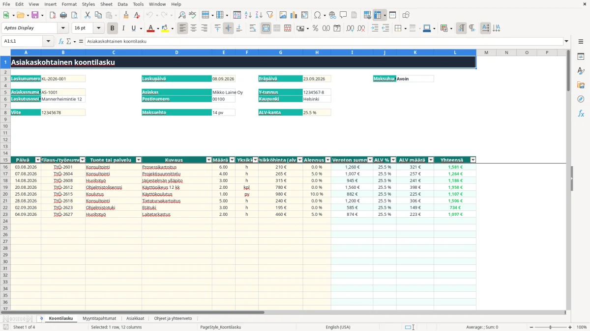 Kuvakaappaus 1: välilehti Koontilasku - Excel-pohja koontilasku asiakaskohtainen excel pohja