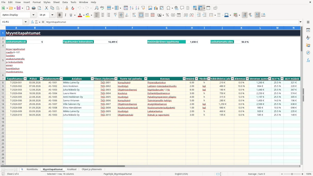 Kuvakaappaus 2: välilehti Myyntitapahtumat - Excel-pohja koontilasku asiakaskohtainen excel pohja