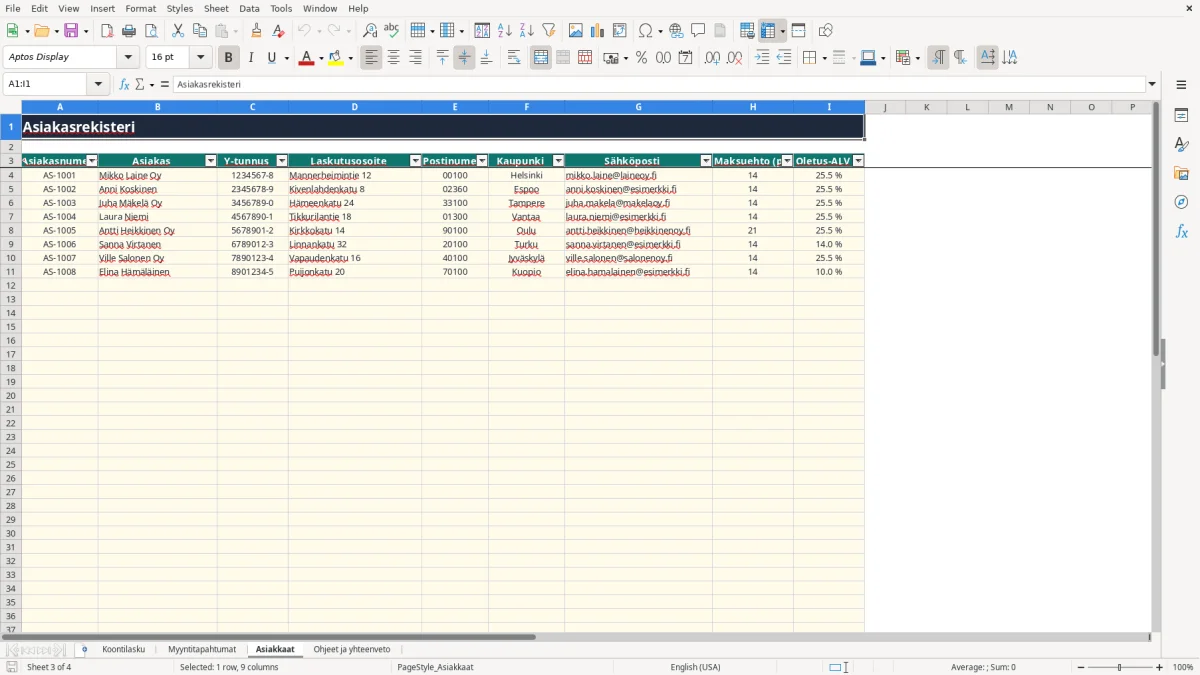 Kuvakaappaus 3: välilehti Asiakkaat - Excel-pohja koontilasku asiakaskohtainen excel pohja