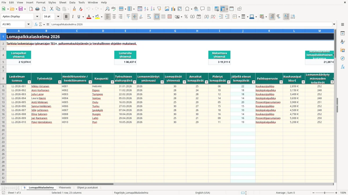 Kuvakaappaus 1: välilehti Lomapalkkalaskelma - Excel-pohja lomapalkkalaskelma excel pohja