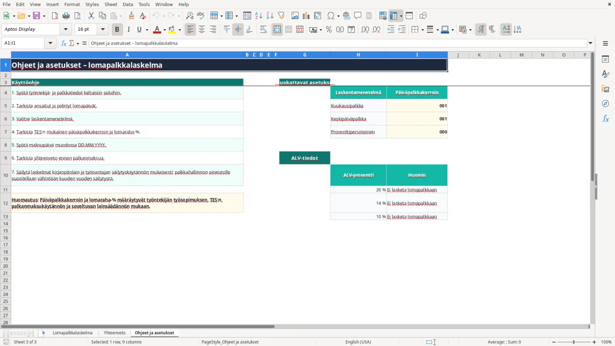 Kuvakaappaus 3: välilehti Ohjeet ja asetukset - Excel-pohja lomapalkkalaskelma excel pohja