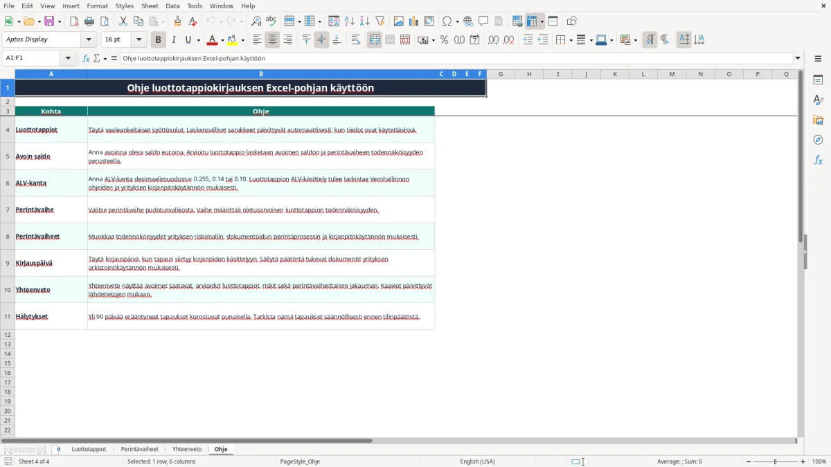 Kuvakaappaus 4: välilehti Ohje - Excel-pohja luottotappiokirjaus excel pohja