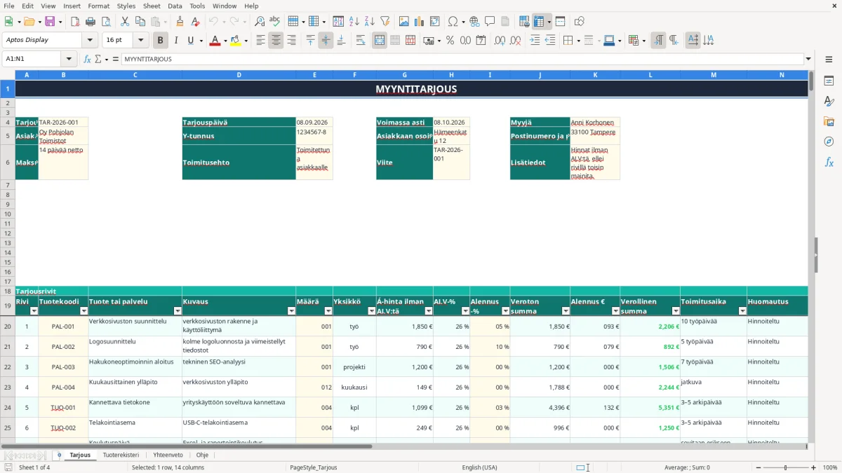 Kuvakaappaus 1: välilehti Tarjous - Excel-pohja tarjouspohja myynti excel pohja