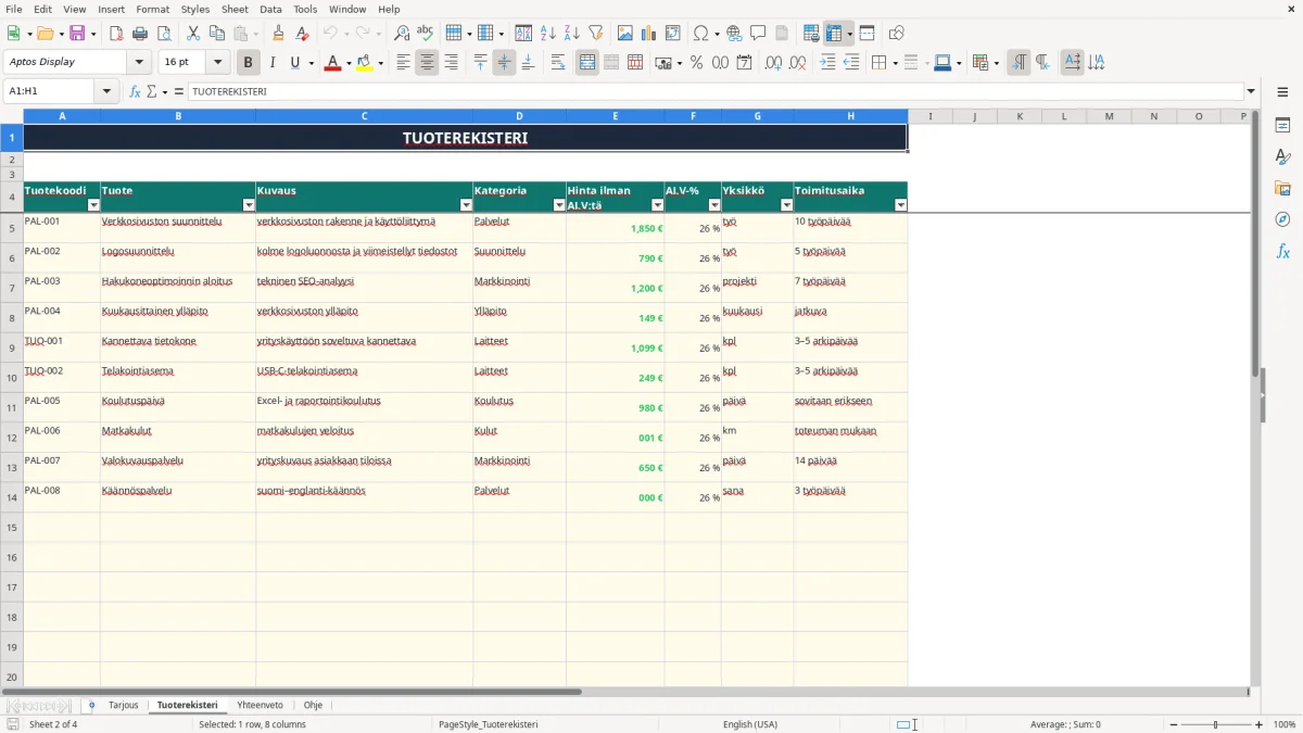 Kuvakaappaus 2: välilehti Tuoterekisteri - Excel-pohja tarjouspohja myynti excel pohja