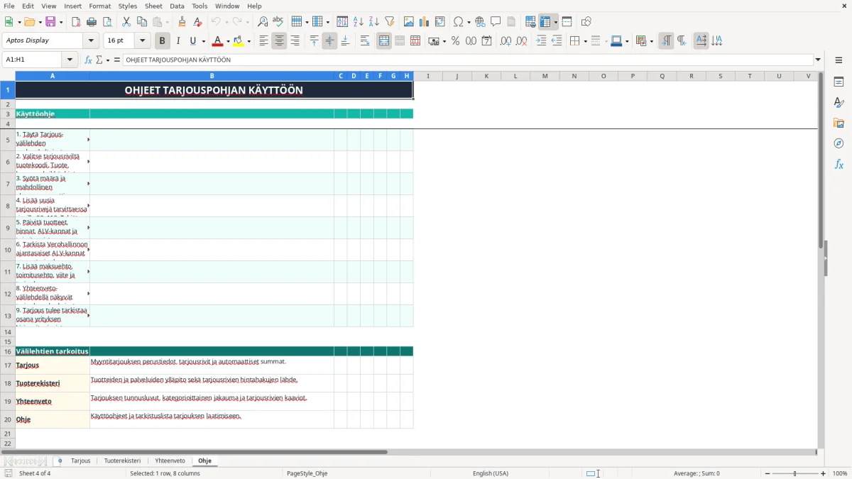 Kuvakaappaus 4: välilehti Ohje - Excel-pohja tarjouspohja myynti excel pohja
