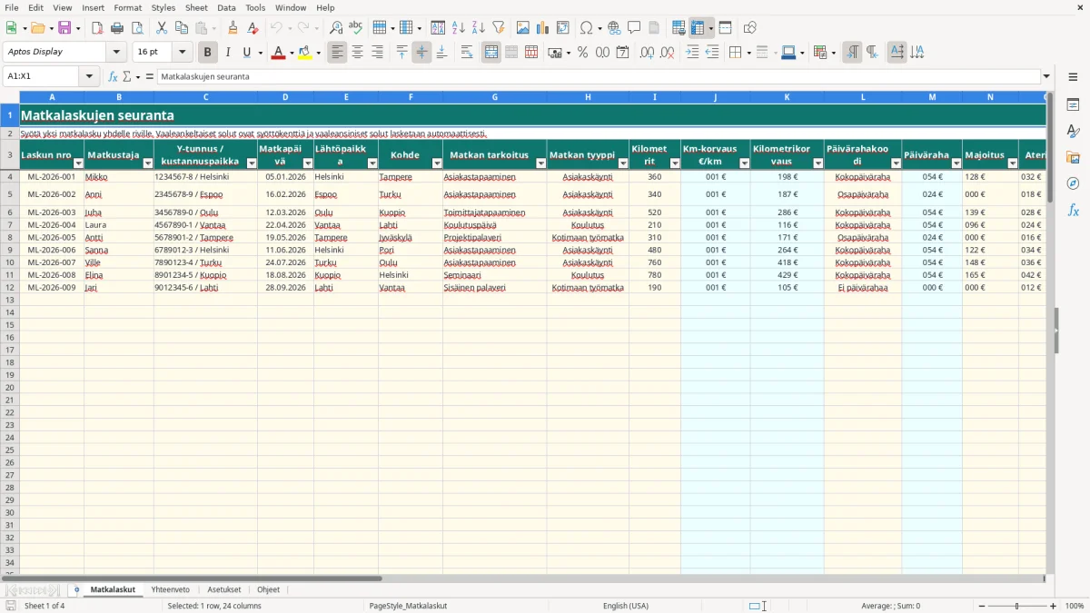 Kuvakaappaus 1: välilehti Matkalaskut - Excel-pohja matkalaskun seuranta excel pohja