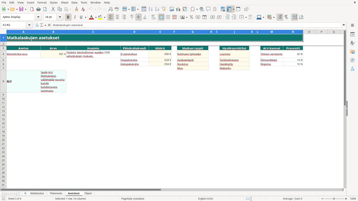 Kuvakaappaus 3: välilehti Asetukset - Excel-pohja matkalaskun seuranta excel pohja