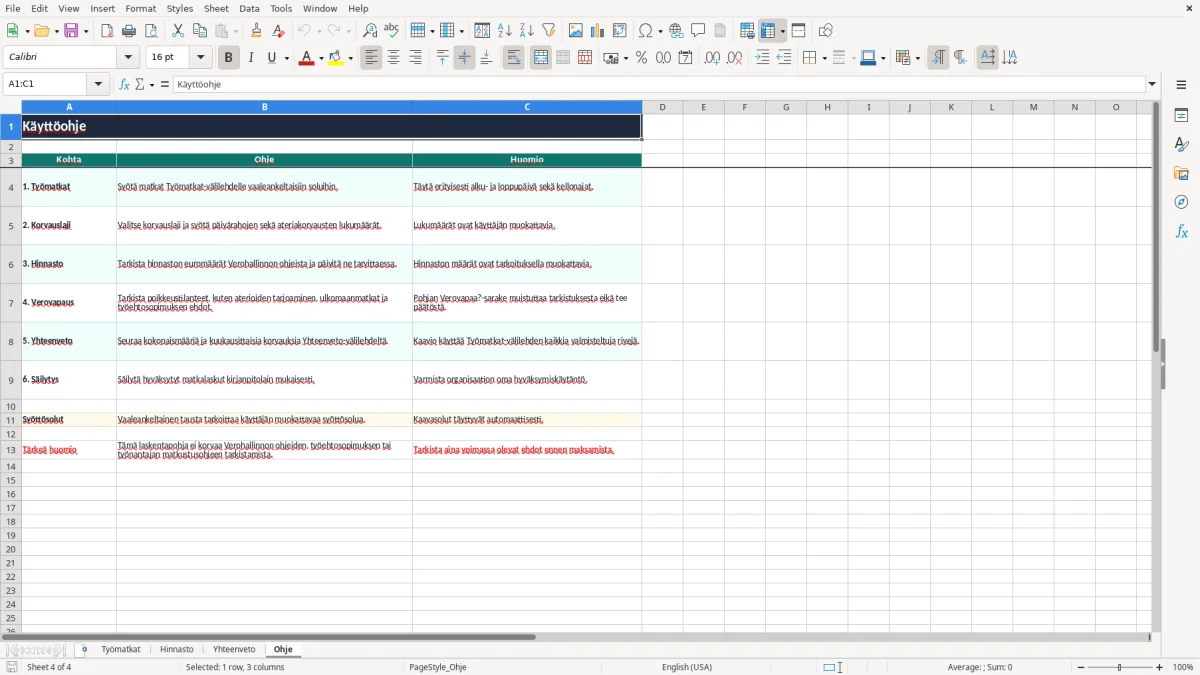 Kuvakaappaus 4: välilehti Ohje - Excel-pohja päivärahalaskelma excel pohja